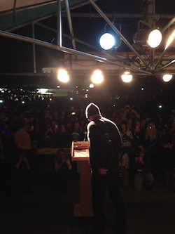 NFL MVP Aaron Rodgers speaks at the Raise Hope For Congo event in Madison, Wisconsin. CREDIT: Charlie Posner/ThinkProgress