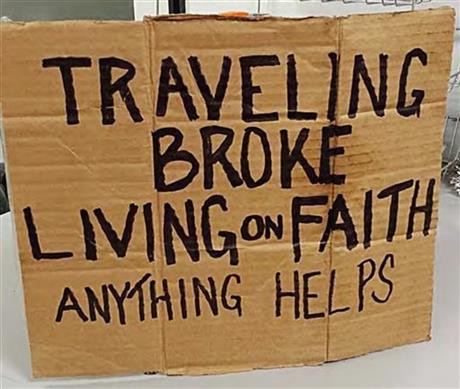 This sign was one of many taken away from homeless people in Midland, Texas. CREDIT: AP