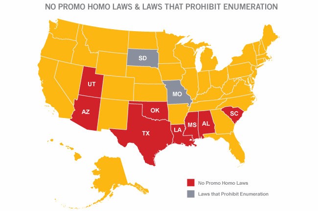 This map from GLSEN notes 8 of the states, but omits North Carolina’s “pro-heterosexuality” law. The reference to prohibiting enumeration refers to state laws that disallow the implementation of bullying policies that specify (enumerate) protections for LGBT students. CREDIT: GLSEN.