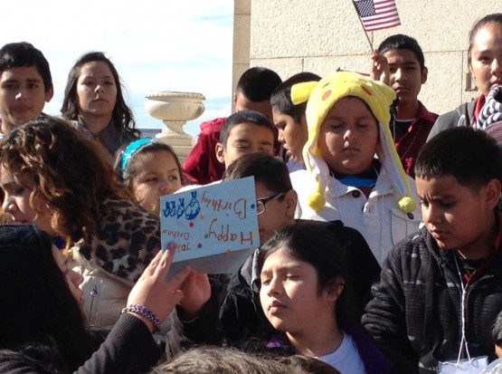 Children of immigrant parents sing the “Happy Birthday” song to Speaker John Boehner (R-OH) in front of a Capitol Hill office building. CREDIT: ThinkProgress/ Esther Y. Lee