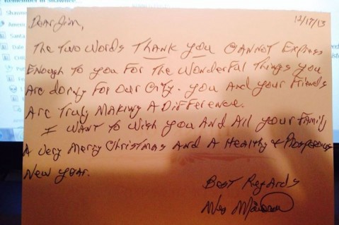 A handwritten letter from Shawnee Mayor Wes Mainord thanking Kinnamon and his group for “truly making a difference” CREDIT: Jim Kinnamon’s Facebook page