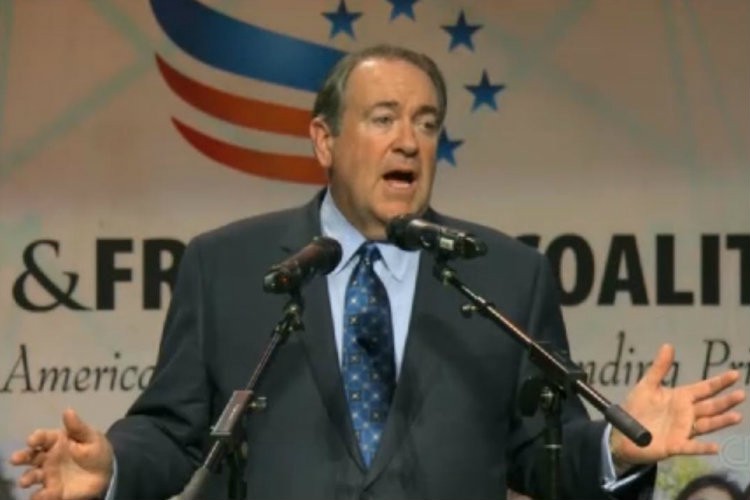 Mike Huckabee speaking at the Iowa Faith and Freedom Coalition. CREDIT: CNN/SCREENSHOT.