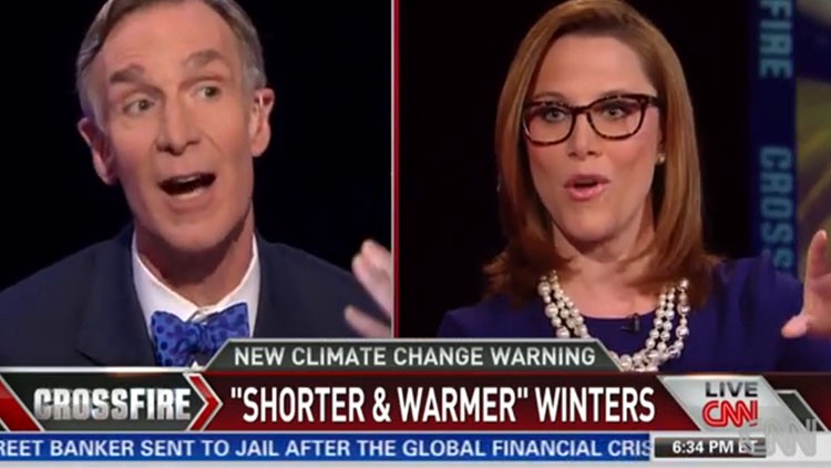 Celebrity scientist Bill Nye and CNN Crossfire host S.E. Cupp debate whether climate change exists. These kinds of debates will be few and far between on the BBC under a new policy announced Thursday. CREDIT: CNN SCREENSHOT