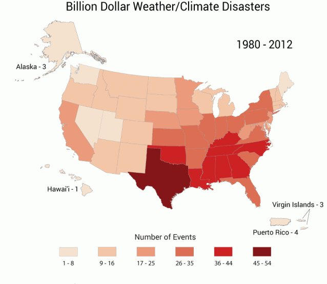 The Southeast has been affected by more billion-dollar disasters than any other region. The primary disaster type for coastal states such as Florida is hurricanes, while interior and northern states in the region also experience sizeable numbers of tornadoes and winter storms. CREDIT: National Climate Assessment/NOAA NCDC