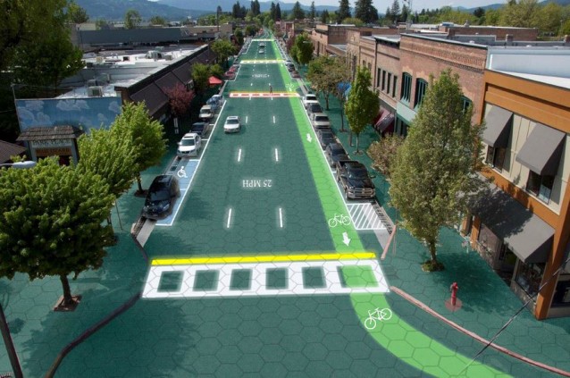 Artist’s rendition of a Solar Roadway in downtown Sandpoint, Idaho. CREDIT: Sam Cornett