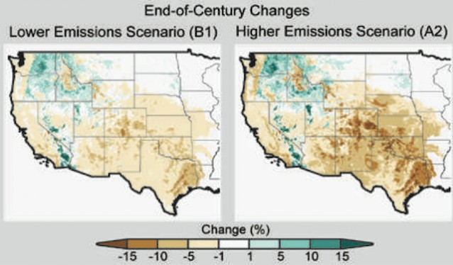 Average change in soil moisture in 2071–2100 compared to 1971–2000 under the strong climate action scenario (B1, left) and the keep-doing-nothing scenario (A2, right).