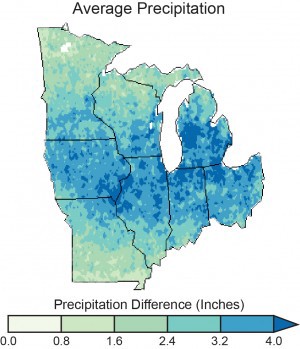 Projected increase in average precipitation by mid-century in the high-emission scenario, as compared to 1971–2000. CREDIT: NOAA NCDC / CICS-NC