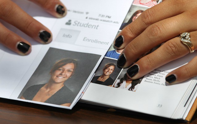 Wasatch High School sophomore Shelby Baum, 16, points to yearbook proof, left, and her altered school yearbook photo, right, CREDIT: RICK BOWMER/AP