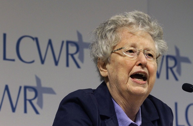 Sister Helen Garvey, speaks to reporters while other members of The Leadership Conference of Women Religious attend The 2012 Assembly Friday, Aug. 10, 2012 in St. Louis. CREDIT: AP PHOTO/SETH PERLMAN