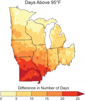 Projected increase in hottest days by mid-century in the high-emission scenario, as compared to 1971–2000. CREDIT: NOAA NCDC / CICS-NC