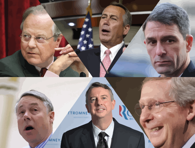 Clockwise from top: House Speaker John Boehner (R-OH), former Virginia Attorney General Ken Cuccinelli, Senate Minority Leader Mitch McConnell (R-KY), GOP political strategist Ed Gillespie, Rep. Fred Upton (R-MI), and Rep. Ed Whitfield (R-KY). CREDIT: AP PHOTOS/GRAPHIC BY ANDREW BREINER