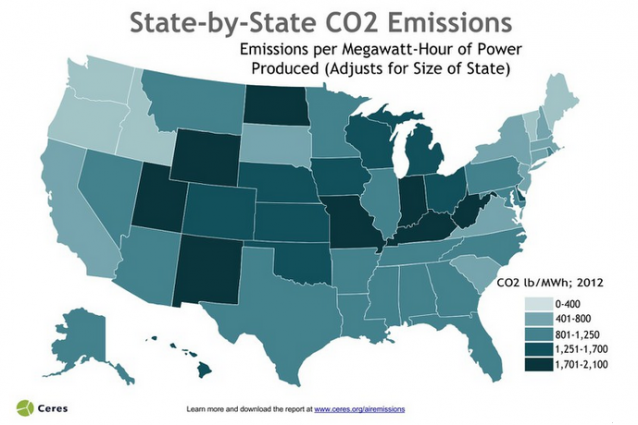 The darker the green, the more carbon-intensive the state’s energy is. CREDIT: Ceres