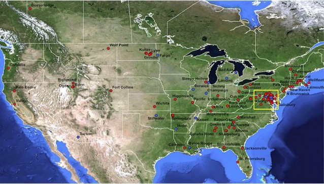 Honey Bee Net’s scale hives, which help track nectar flow changes throughout the Eastern U.S. Active hives are in red, inactive are in blue. CREDIT: VIIRS, NASA, Pete Ma (GSFC)