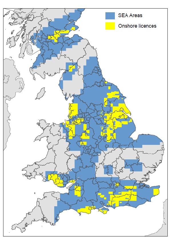 Yellow areas are already licensed for oil and gas activities. Blue areas are under consideration for new licenses as part of the new round of bidding. CREDIT: Dept of Energy And Climate Change