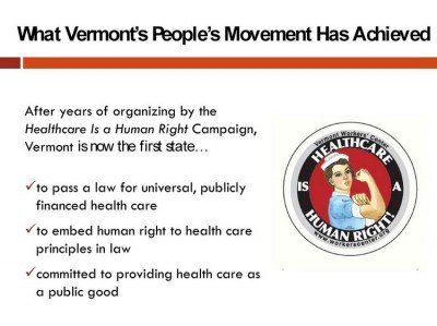 A powerpoint presentation on Vermont’s “health care breakthrough” CREDIT: Vermont Workers’ Center