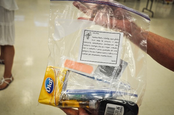 A finished hygiene care package. The sticker is a Spanish translation of the “Prayer for Immigrants” from the Book of Common Prayer. CREDIT: Jack Jenkins