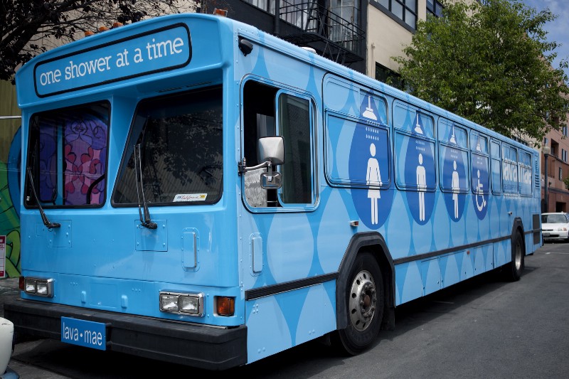 A mobile shower bus currently serving San Francisco’s homeless population CREDIT: KENA FRANK