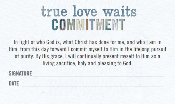 A “commitment card” from the country’s major abstinence organization CREDIT: True Love Waits