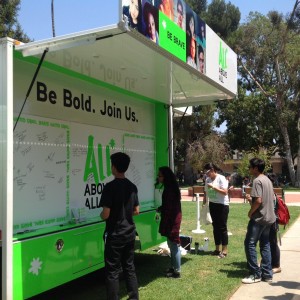 The signature wall on the “Be Bold” bus CREDIT: Courtesy of Joshua Cahn
