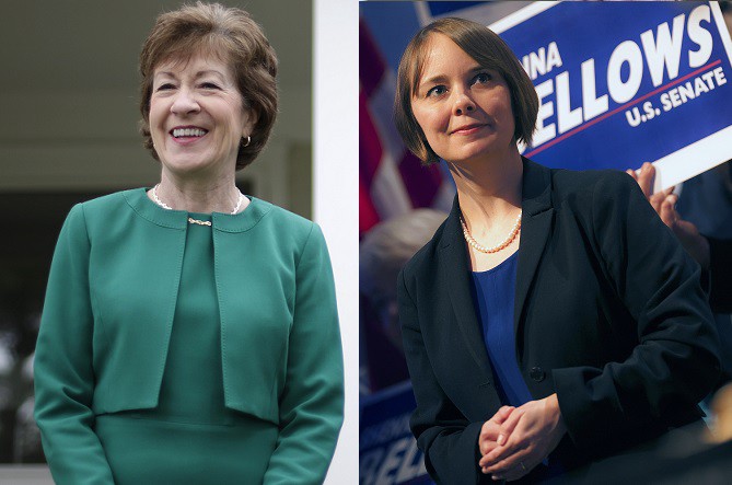 From right: U.S. Senator Susan Collins (R-ME) and Democratic challenger Shenna Bellows. CREDIT: AP PHOTOS/ROBERT F. BUKATY/MICHAEL C. YORK