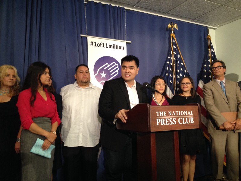Undocumented journalist Jose Antonio Vargas (center) at the #1Of11Million campaign CREDIT: ESTHER Y. LEE