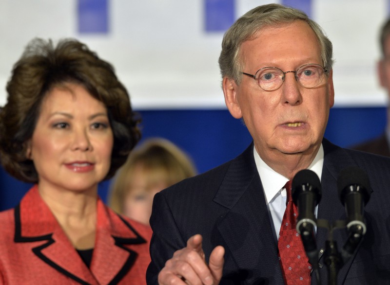 Kentucky Senator Mitch McConnell with his wife, Elaine Chao. CREDIT: AP PHOTO/TIMOTHY D. EASLEY