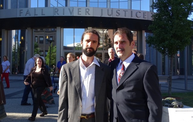 Jay O’Hara nd Ken Ward stand outside the Fall River Justice Center in Massachusetts. CREDIT: Peter Bowden