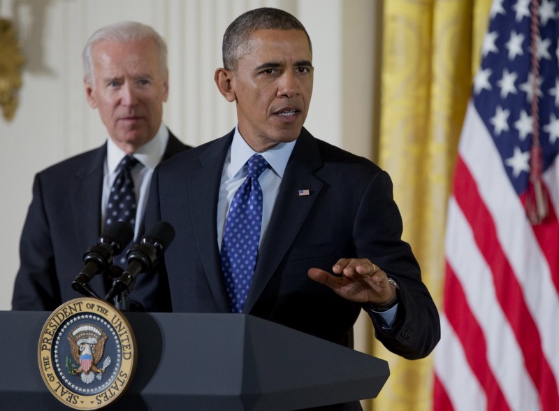 President Barack Obama, accompanied by Vice President Joe Biden, speaks at the White House before signing a memorandum creating a task force to respond to campus rapes. CREDIT: AP PHOTO/CAROLYN KASTER