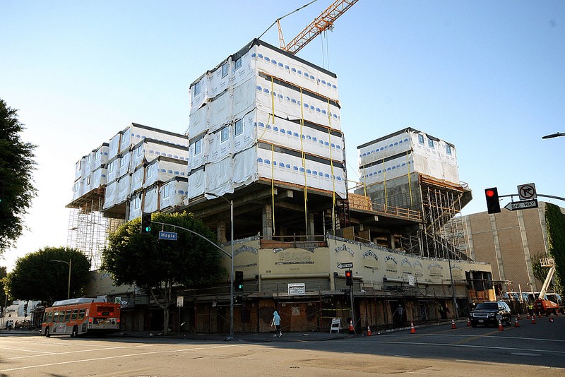 The Star Apartments on Los Angeles’ Skid Row, seen here during construction in 2013, will provide permanent housing to 102 homeless people and the county agency that works to end homelessness CREDIT: FLICKR USER TREVOR.PATT