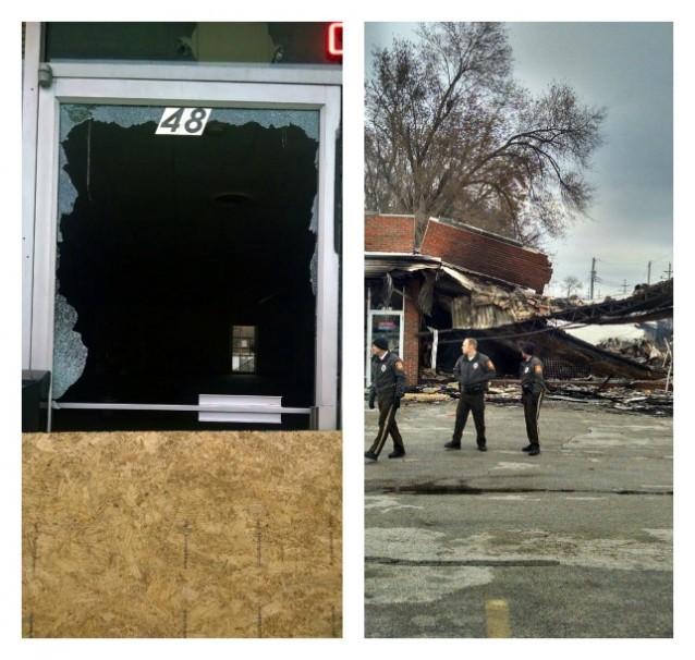 Left: A broken-in window of a storefront near the Ferguson police station. Right: Cops watch over a burned-down building on W. Florissant CREDIT: ThinkProgress/ Carimah Townes/ Erica Hellerstein