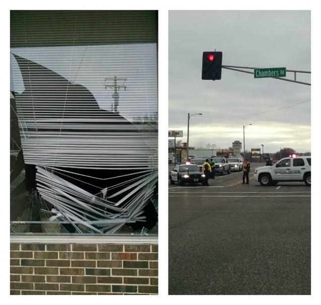 Left: Another storefront left shattered . Right: Police stand near rising smoke on W. Florissant. CREDIT: ThinkProgress/ Carimah Townes/ Erica Hellerstein
