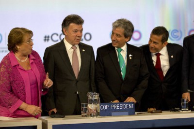 From left: Chile’s President Michelle Bachelet, Colombia’s President Juan Manuel Santos, Peru’s Environment Minister and President of the COP, Manuel Pulgar Vidal, and Peru’s President Ollanta Humala at the UN Climate Change Conference in Lima, Peru. CREDIT: AP Photo / Rodrigo Abd