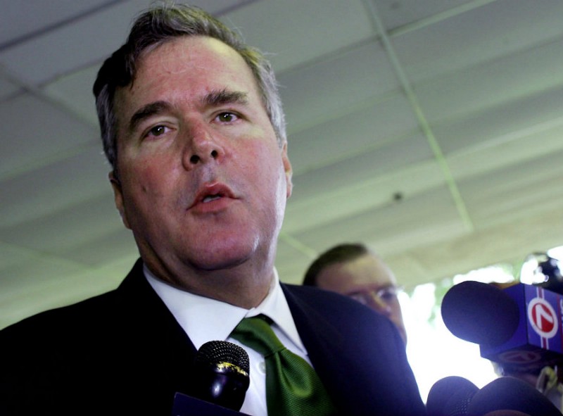 Then Gov. Jeb Bush (R-FL) discussing the Terri Schiavo case in March 2005 CREDIT: AP PHOTO/MARIANNE ARMSHAW