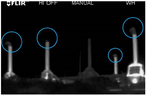 Emissions, circled in blue, observed from a processing facility in the Lost Hills oil field, with the aid of the FLIR infraredcamera. CREDIT: Earthworks