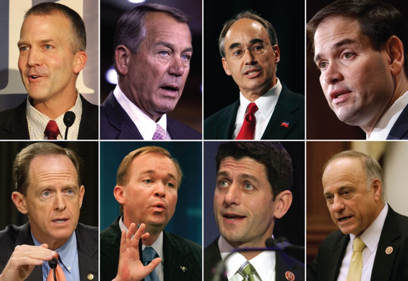 Clockwise from top left: Sen. Dan Sullivan (R-AK), Rep. John Boehner (R-OH), Rep. Bruce Poliquin (R-ME), Sen. Marco Rubio (R-FL), Rep. Steve King (R-IA) , Rep. Paul Ryan (R-WI), Rep. Mick Mulvaney (R-SC), and Sen. Patrick Toomey (R-PA). CREDIT: AP PHOTOS/GRAPHIC BY PATRICK SMITH