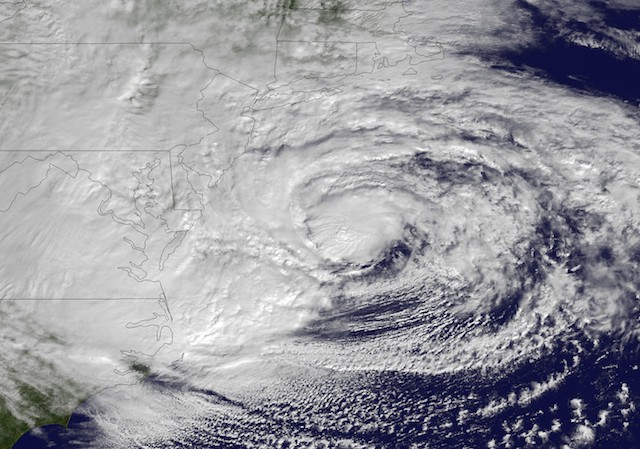 Superstorm Sandy satellite image from Oct. 29, 2012. The largest Atlantic hurricane on record, Sandy is part of a spate of off-the-charts extreme weather events in recent years. CREDIT: AP PHOTO/NOAA