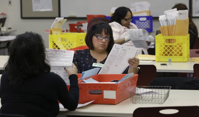 Lydia Harris, a temporary worker at the Sacramento Registrar of Voters, looks over a mail-in ballot before it is sent to be counted in Sacramento, Calif., Wednesday Nov. 12, 2014. CREDIT: AP Photo/Rich Pedroncelli