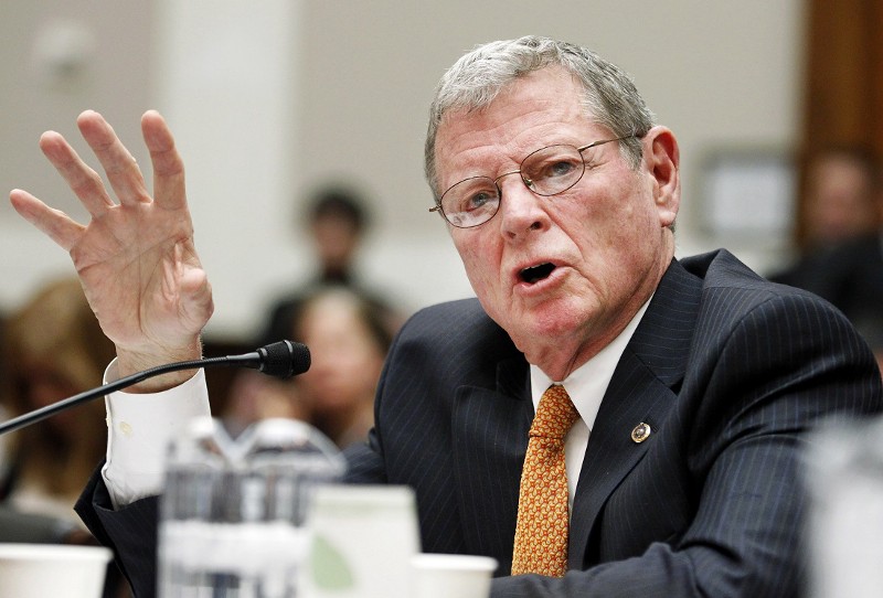 Sen. James Inhofe (R-OK), shown here, is an outspoken denier of climate science and chairman of the Senate’s environment committee. CREDIT: AP PHOTO/MANUEL BALCE CENETA