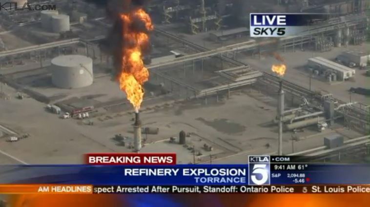A large flareoff at the ExxonMobil refinery in Torrence, California after an explosion on Wednesday. CREDIT: KTLV/SCREENSHOT