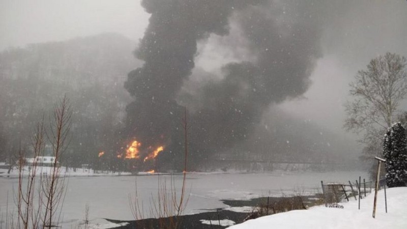 In this Monday, Feb. 16, 2015 photo provided by WCHS-TV, fire burns at the scene of a train derailment, near Mount Carbon, W.Va. CREDIT: AP PHOTO/WCHS-TV, BOBÂ AARON