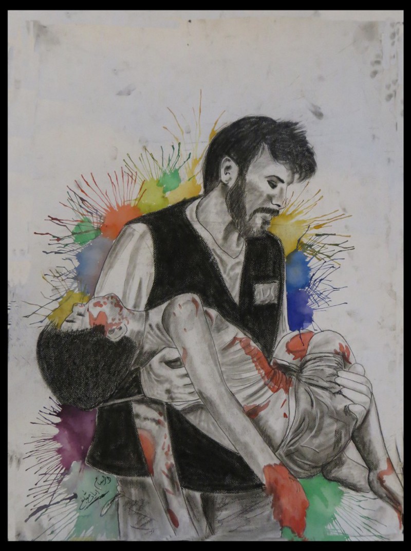 Mixed media work by Syrian artist Iyad Sabagh. CREDIT: Photo by Beenish Ahmed, Edited by Dylan Petrohilos/ThinkProgress