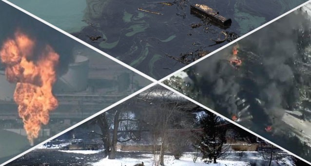 Clockwise from top: A stock image of an oil spill; a CTV screenshot of Saturday’s derailment in Ontario; the aftermath of Monday’s derailment in West Virginia; and excessive gas flaring after a refinery explosion in California on Wednesday. CREDIT: GRAPHIC BY ANDREW BREINER/IMAGES FROM AP, SHUTTERSTOCK, AND CTV SCREENSHOT