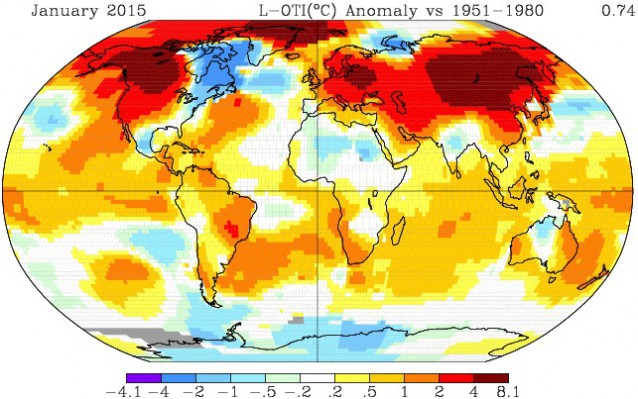 Global temperatures in January vs. 1951–1980 average. Via NASA.