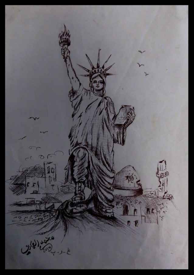 Pen and ink drawing by Syrian artist Mohammed Amari. CREDIT: Photo by Beenish Ahmed, Edited by Dylan Petrohilos/ThinkProgress