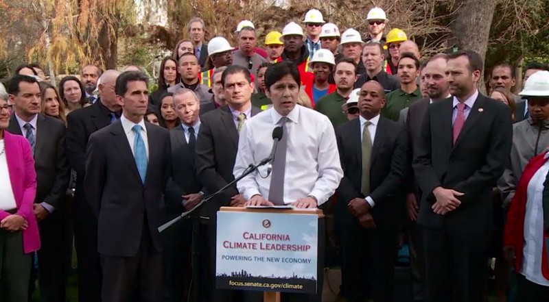 California Senate President Pro Tem Kevin de León announces a package of climate change bills at the state capitol Tuesday. CREDIT: SCREENSHOT/CA SENATE DEMOCRATS