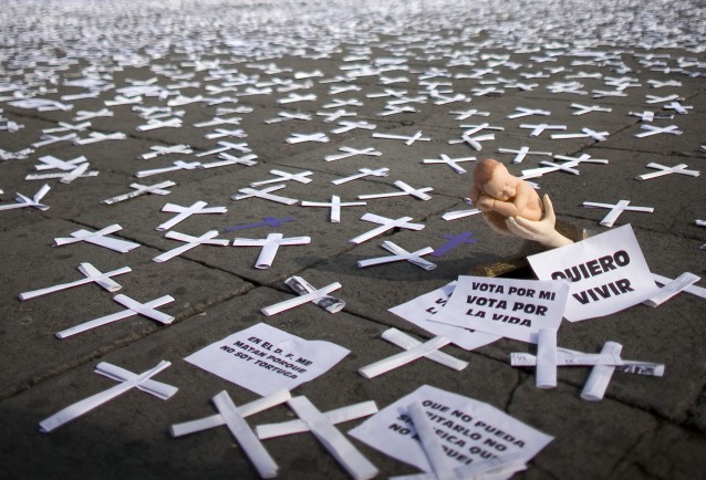 Anti-abortion signs covering Mexico City’s central Zocalo square CREDIT: (AP PhotoAlexandre Meneghini, File