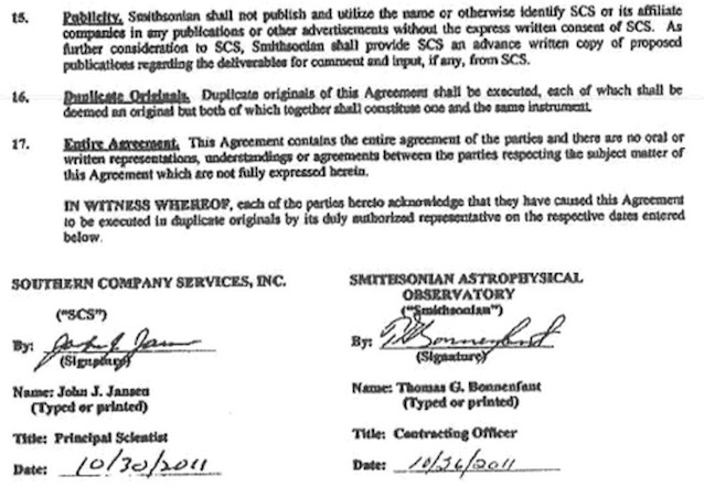 In this 2011 contract with Southern Company Services (SCS), the Smithsonian agrees (in clause 15) that it “shall provide SCS an advance written copy of proposed publications regarding the deliverables for comment and input, if any, from SCS”!