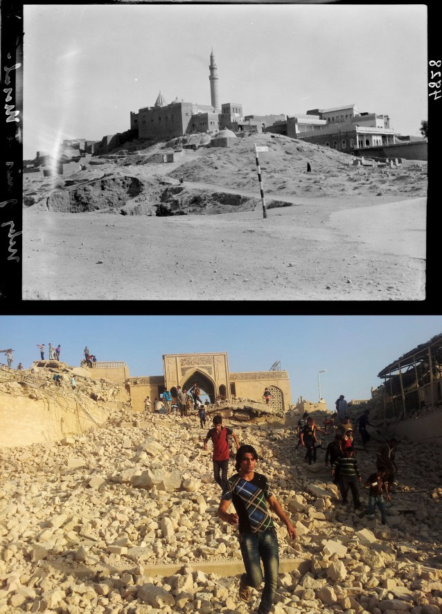 This combination of two photographs shows a 1932 image taken during the autumn of Nebi Yunis, the tomb of the prophet Jonah, in Mosul, northern Iraq, from the Library of Congress, top, and Iraqis walking in the rubble of the revered Muslim shrine after it was was destroyed by ISIS in July 2014. CREDIT: AP