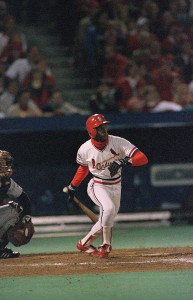 Curt Ford watches his sixth inning hit in the 1987 World Series. CREDIT: AP Photo/Rob Kozloff