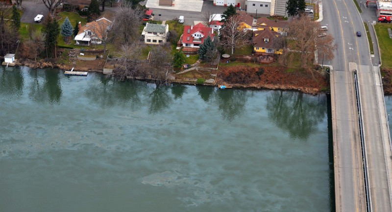 In this aerial photo taken Monday, March 2, 2015, and provided by the Washington Dept. of Ecology, oil from a spill floats on top of the Yakima River near Prosser, Wash. CREDIT: AP PHOTO/WASHINGTON DEPT. OFÂ ECOLOGY